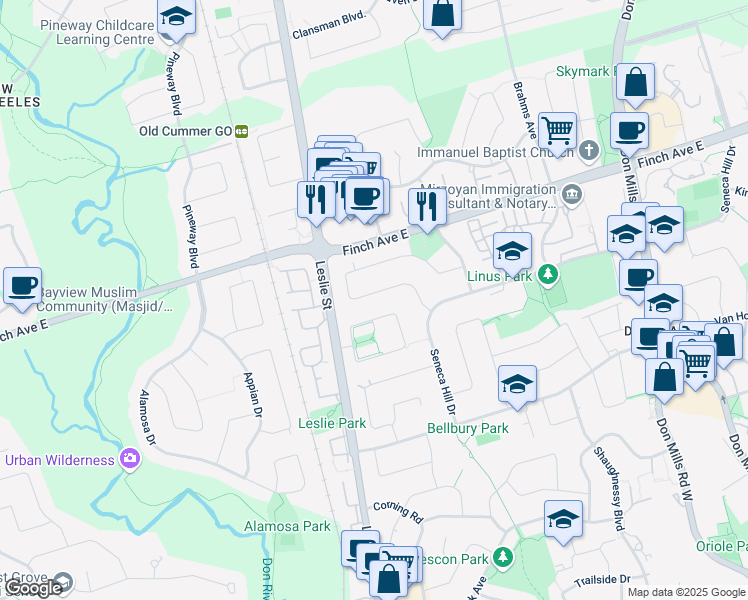 map of restaurants, bars, coffee shops, grocery stores, and more near 54 Angus Drive in Toronto