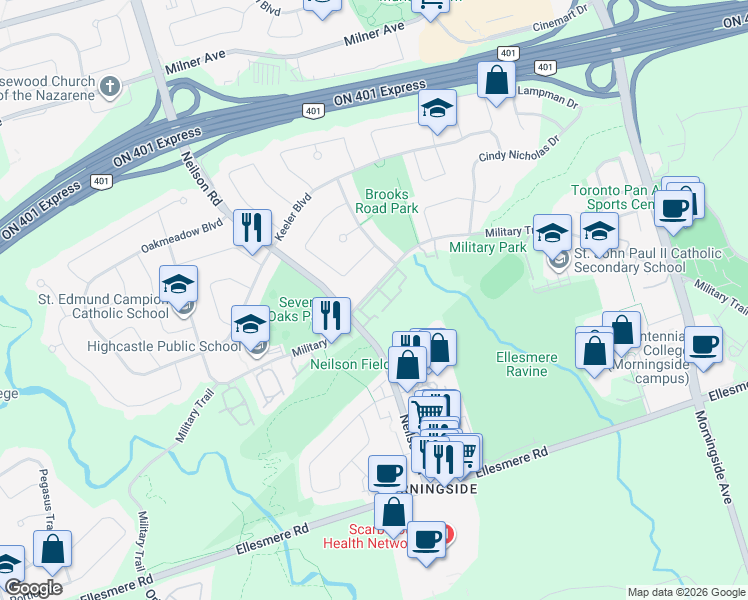 map of restaurants, bars, coffee shops, grocery stores, and more near 441 Military Trail in Toronto