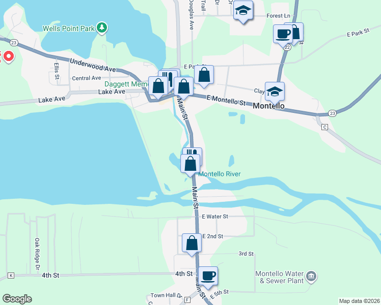 map of restaurants, bars, coffee shops, grocery stores, and more near 147 Main Street in Montello
