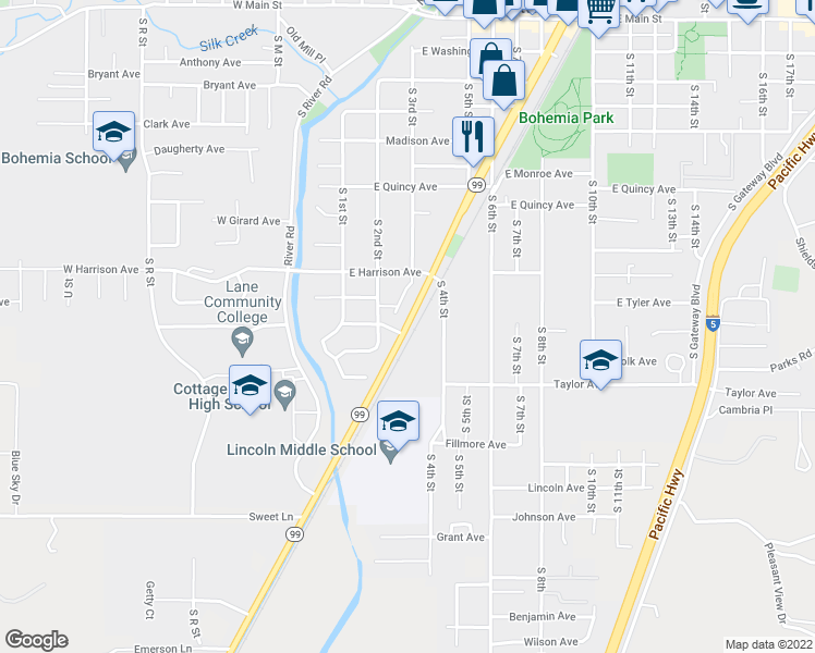 map of restaurants, bars, coffee shops, grocery stores, and more near 1103 South 2nd Street in Cottage Grove