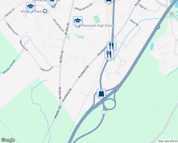 map of restaurants, bars, coffee shops, grocery stores, and more near 370 Portland Street in Yarmouth