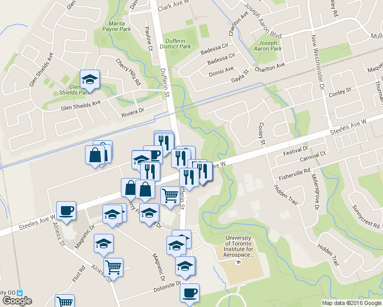 map of restaurants, bars, coffee shops, grocery stores, and more near in Vaughan