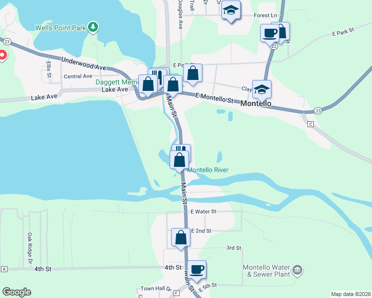 map of restaurants, bars, coffee shops, grocery stores, and more near 147 Main Street in Montello