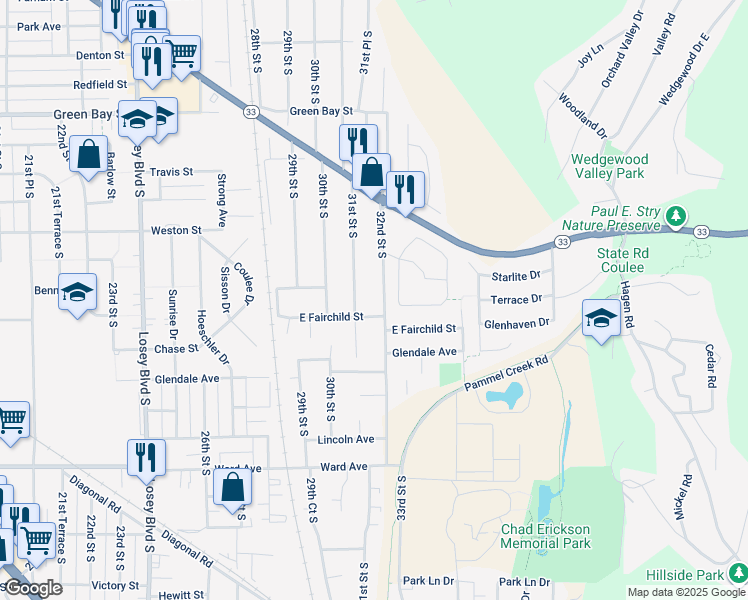 map of restaurants, bars, coffee shops, grocery stores, and more near 1090 Shorewood Drive in La Crosse