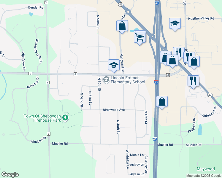 map of restaurants, bars, coffee shops, grocery stores, and more near 4815 County Road J in Sheboygan