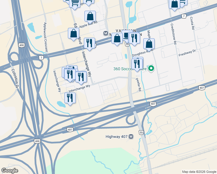 map of restaurants, bars, coffee shops, grocery stores, and more near 31 Honeycrisp Crescent in Vaughan