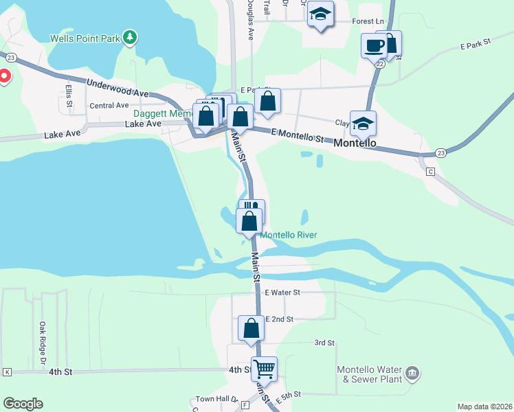map of restaurants, bars, coffee shops, grocery stores, and more near 147 Main Street in Montello