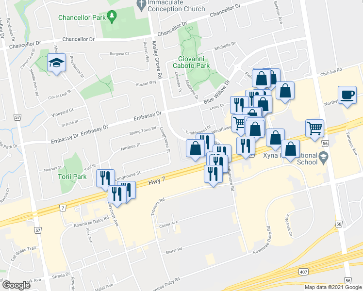 map of restaurants, bars, coffee shops, grocery stores, and more near 126 Pinedale Gate in Vaughan