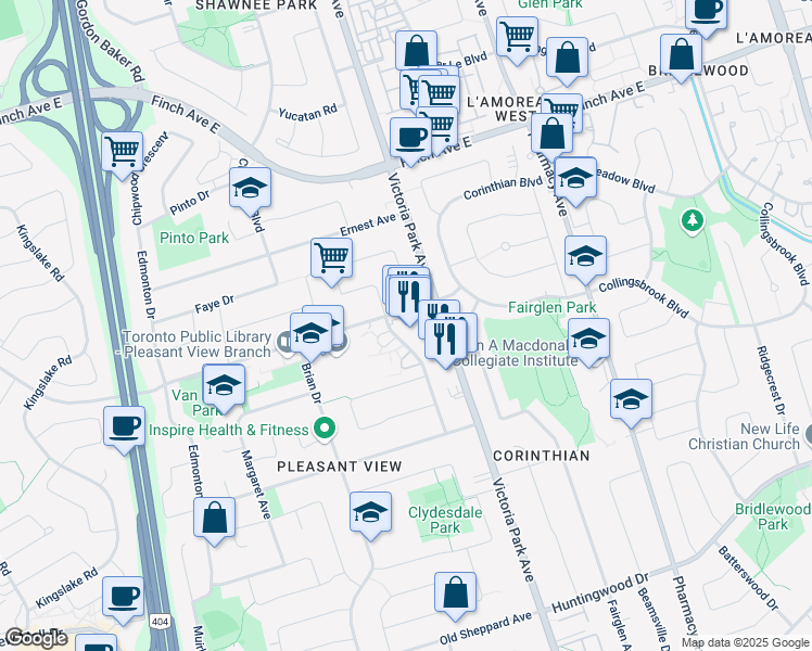 map of restaurants, bars, coffee shops, grocery stores, and more near in Toronto