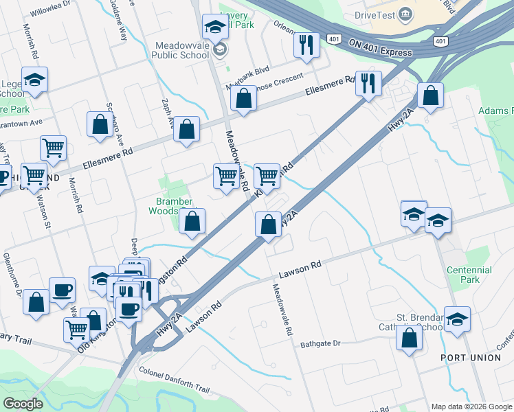 map of restaurants, bars, coffee shops, grocery stores, and more near 435 Meadowvale Road in Toronto