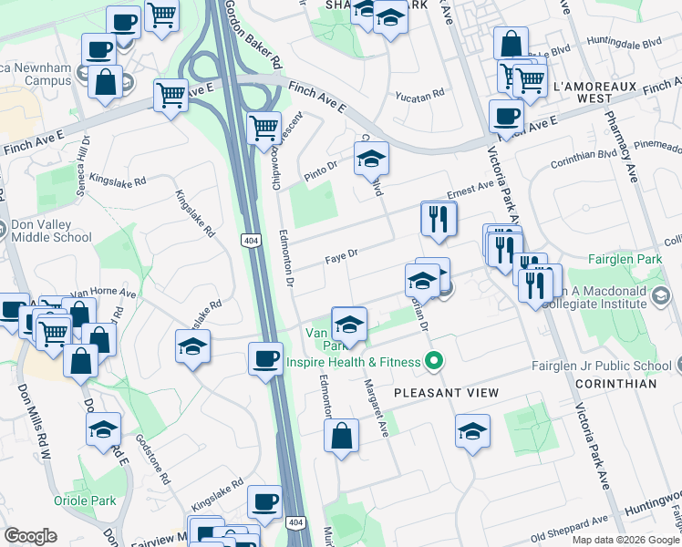 map of restaurants, bars, coffee shops, grocery stores, and more near 26 Lucifer Drive in Toronto