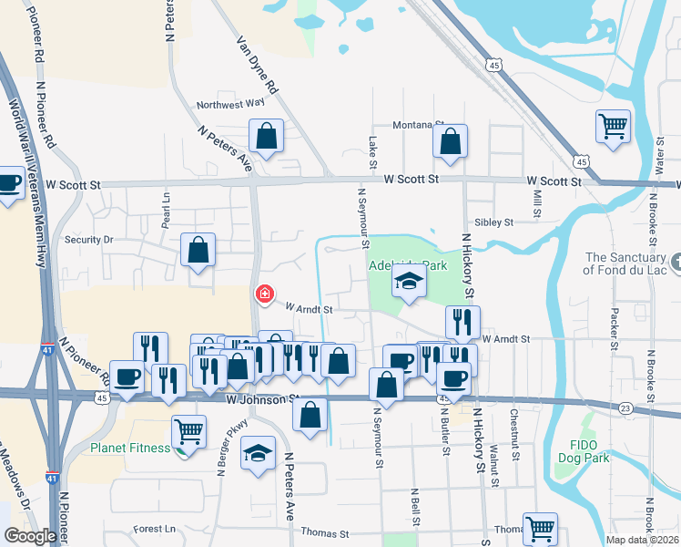 map of restaurants, bars, coffee shops, grocery stores, and more near 571 West Arndt Street in Fond du Lac