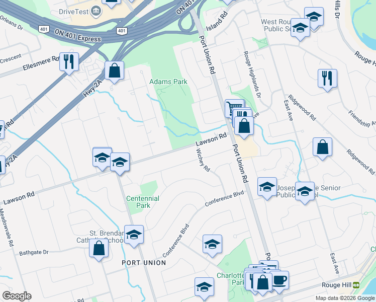 map of restaurants, bars, coffee shops, grocery stores, and more near 399 Lawson Road in Toronto