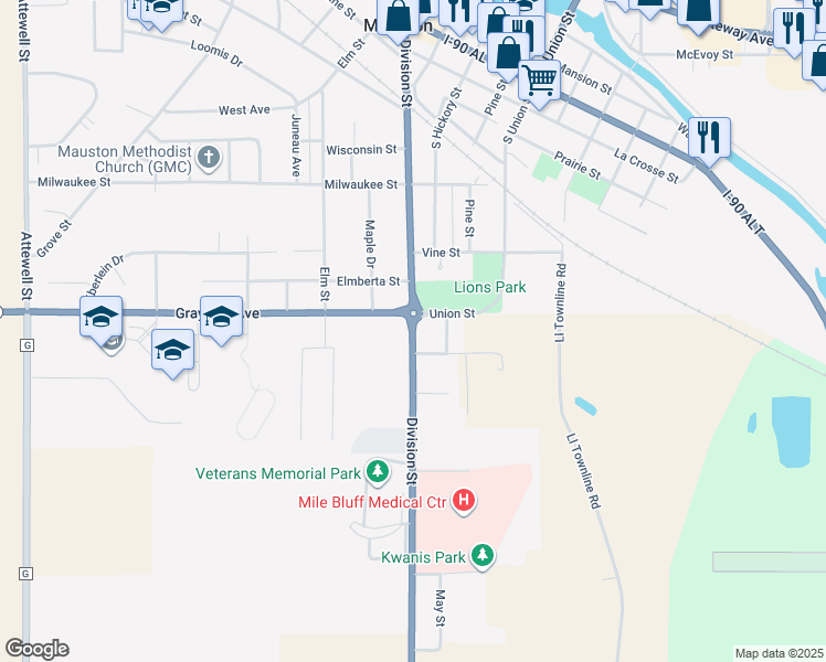 map of restaurants, bars, coffee shops, grocery stores, and more near Division Street in Mauston