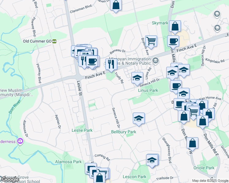 map of restaurants, bars, coffee shops, grocery stores, and more near 60 Seneca Hill Drive in Toronto