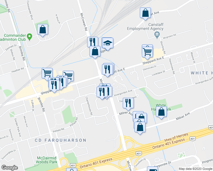 map of restaurants, bars, coffee shops, grocery stores, and more near in Toronto