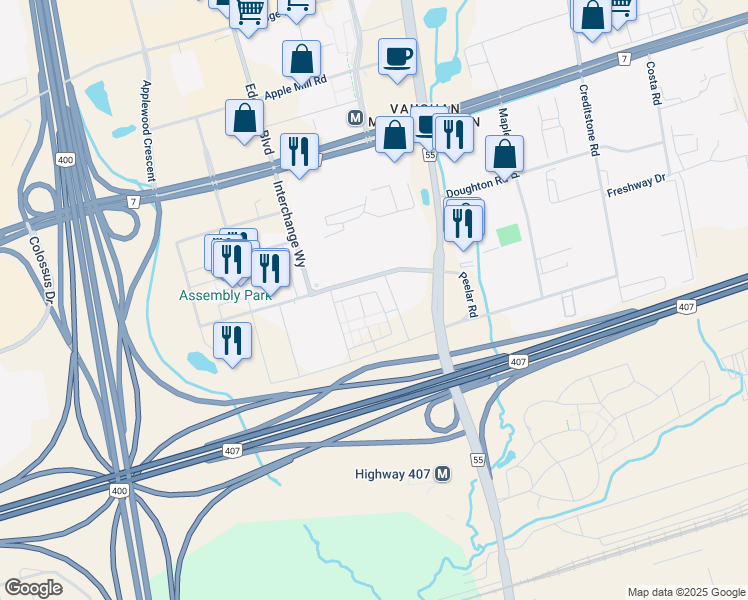 map of restaurants, bars, coffee shops, grocery stores, and more near in Vaughan