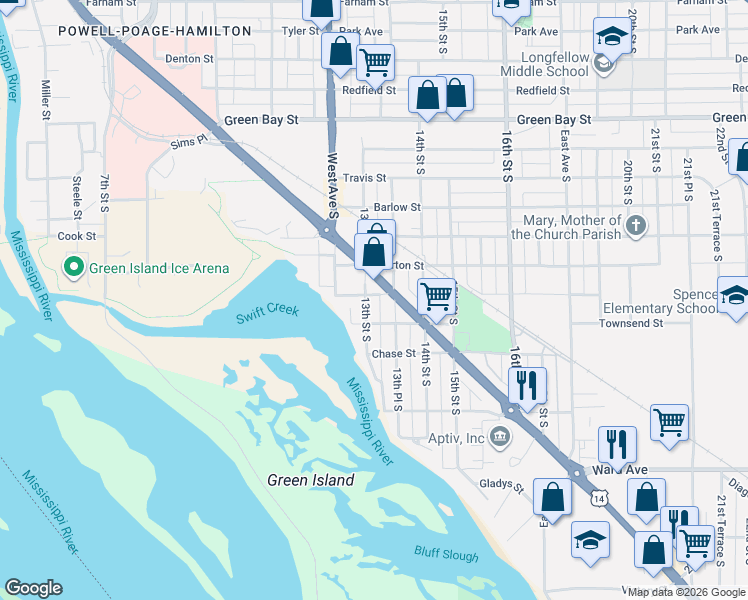 map of restaurants, bars, coffee shops, grocery stores, and more near 2322 13th Place South in La Crosse