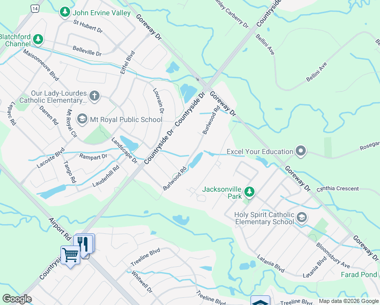 map of restaurants, bars, coffee shops, grocery stores, and more near 44 Burlwood Road in Brampton
