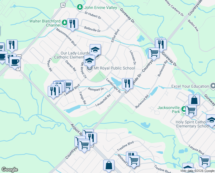 map of restaurants, bars, coffee shops, grocery stores, and more near 35 Rampart Drive in Brampton