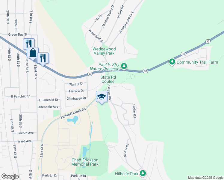 map of restaurants, bars, coffee shops, grocery stores, and more near N1836 Mesa Road in La Crosse