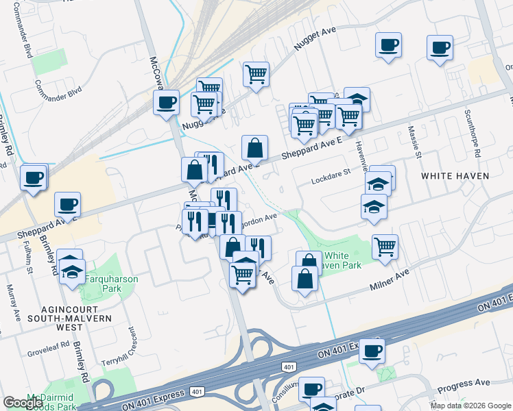 map of restaurants, bars, coffee shops, grocery stores, and more near 68 Kimroy Grove in Toronto
