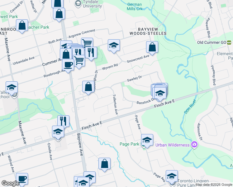 map of restaurants, bars, coffee shops, grocery stores, and more near 31 Tollerton Avenue in Toronto