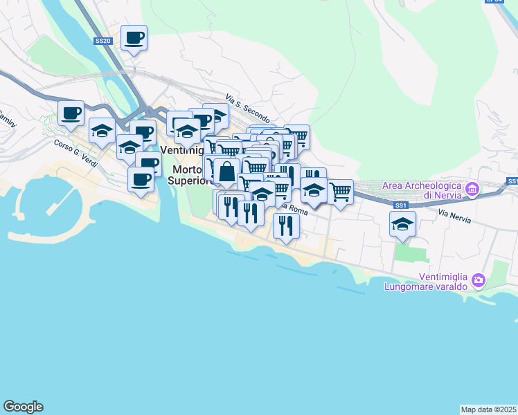 map of restaurants, bars, coffee shops, grocery stores, and more near 13 Via Ernesto Chiappori in Ventimiglia