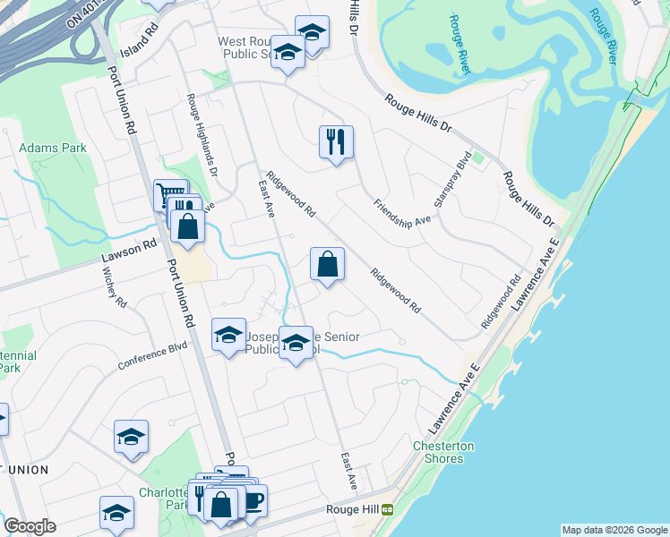 map of restaurants, bars, coffee shops, grocery stores, and more near 41 Broadbridge Drive in Toronto