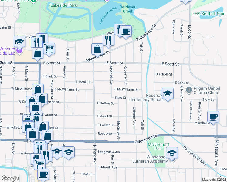 map of restaurants, bars, coffee shops, grocery stores, and more near 262 Melrose Boulevard in Fond du Lac