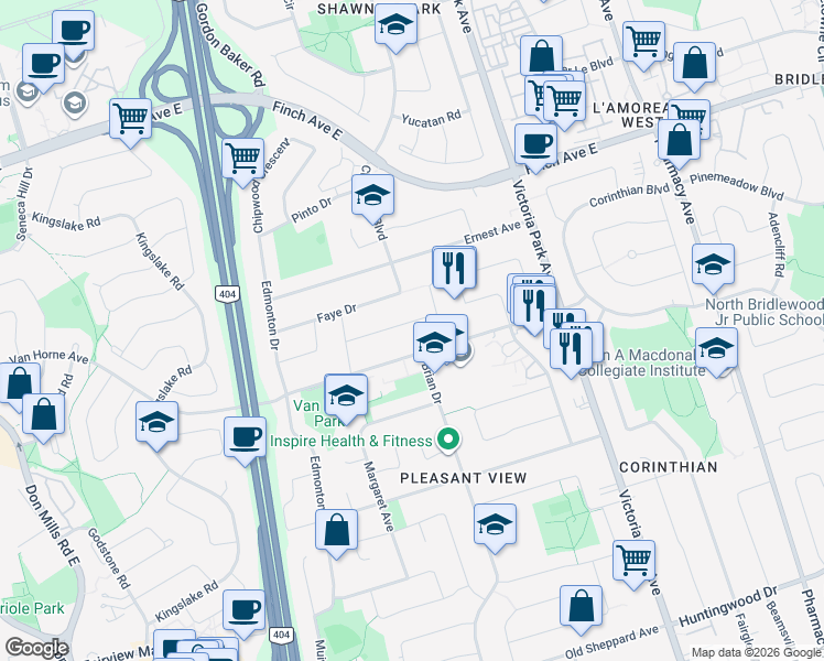 map of restaurants, bars, coffee shops, grocery stores, and more near 43 Warfield Drive in Toronto