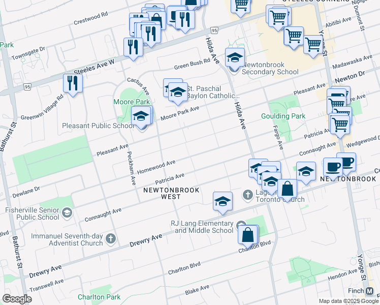 map of restaurants, bars, coffee shops, grocery stores, and more near 220 Homewood Avenue in Toronto