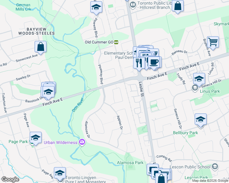 map of restaurants, bars, coffee shops, grocery stores, and more near 21 Bathford Crescent in Toronto