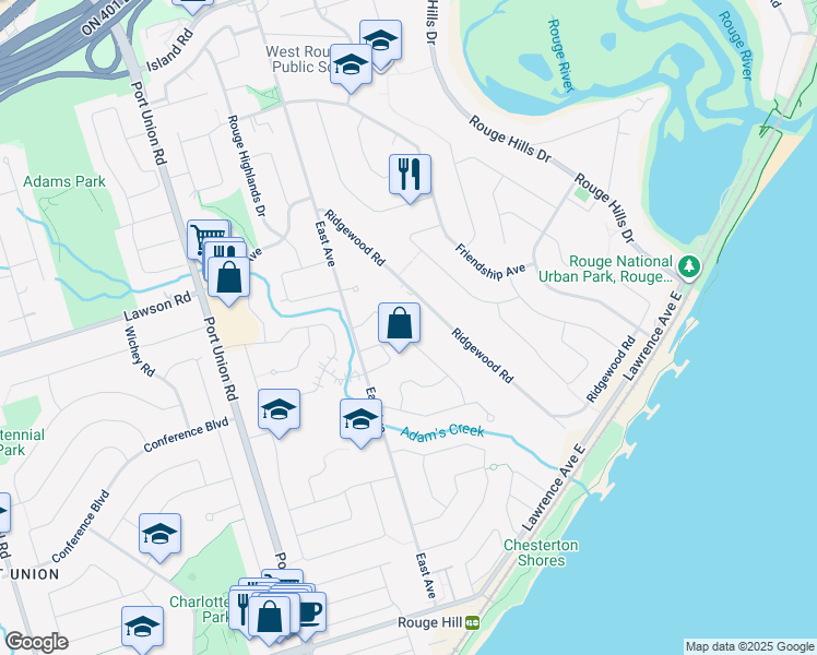 map of restaurants, bars, coffee shops, grocery stores, and more near in Toronto