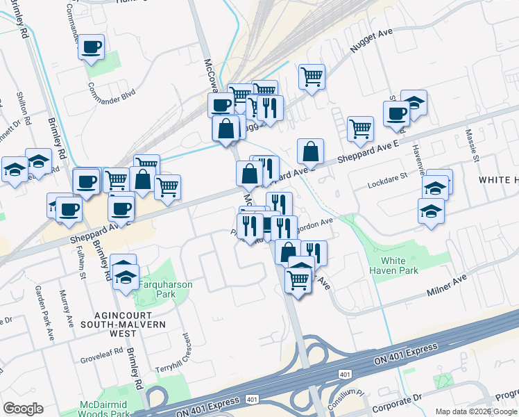 map of restaurants, bars, coffee shops, grocery stores, and more near in Toronto