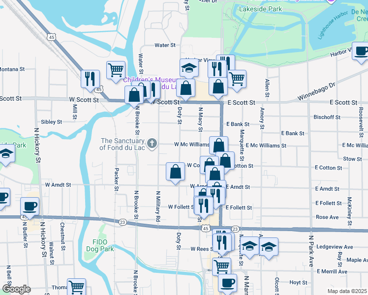 map of restaurants, bars, coffee shops, grocery stores, and more near 325 Doty Street in Fond du Lac