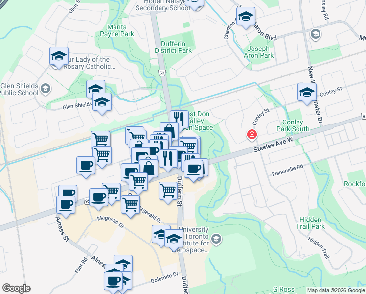 map of restaurants, bars, coffee shops, grocery stores, and more near 1 Maison Parc Court in Vaughan