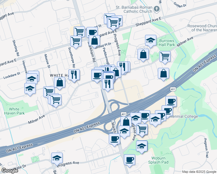map of restaurants, bars, coffee shops, grocery stores, and more near 10 Milner Business Court in Toronto