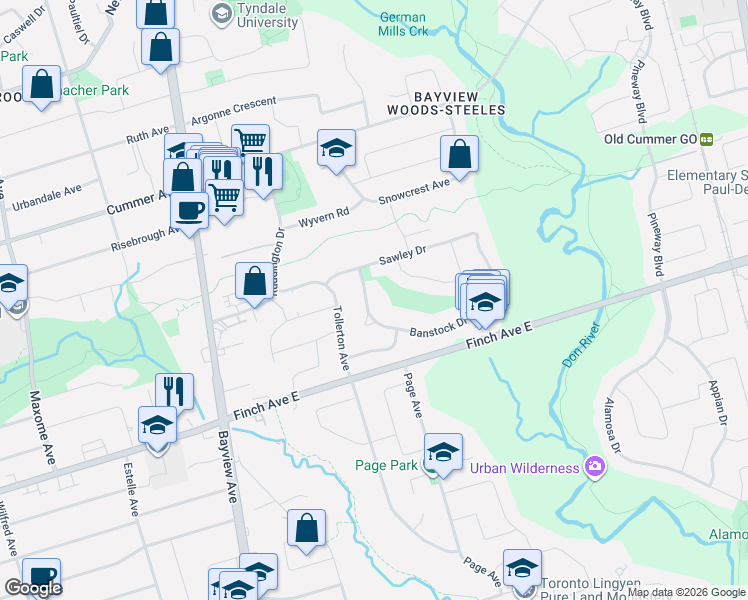 map of restaurants, bars, coffee shops, grocery stores, and more near 22 Banstock Drive in Toronto