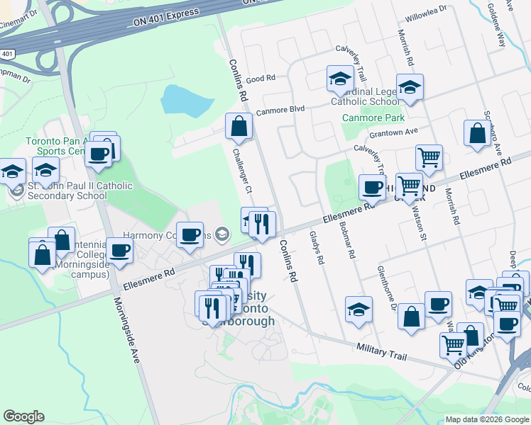 map of restaurants, bars, coffee shops, grocery stores, and more near 70 Challenger Court in Toronto