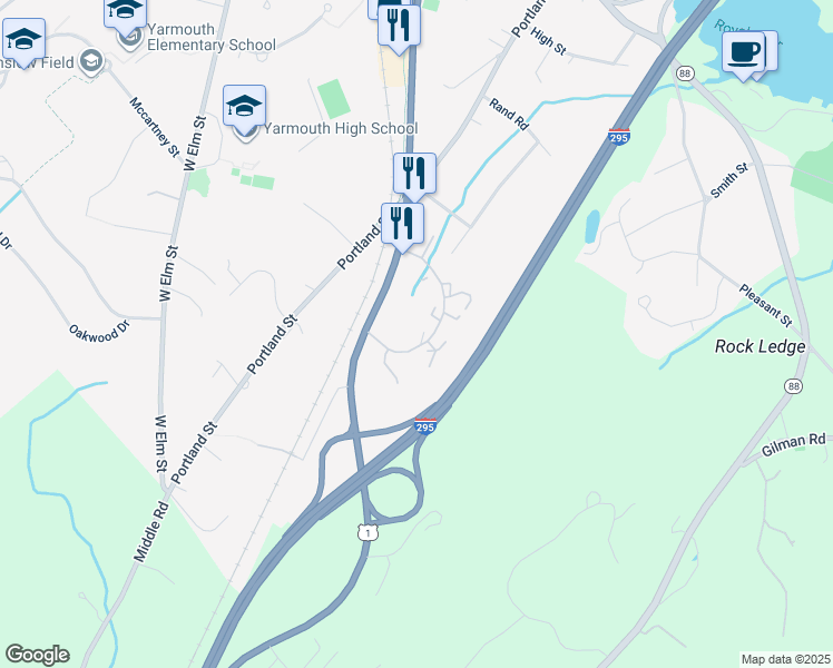 map of restaurants, bars, coffee shops, grocery stores, and more near 8 Portsmouth Court in Yarmouth