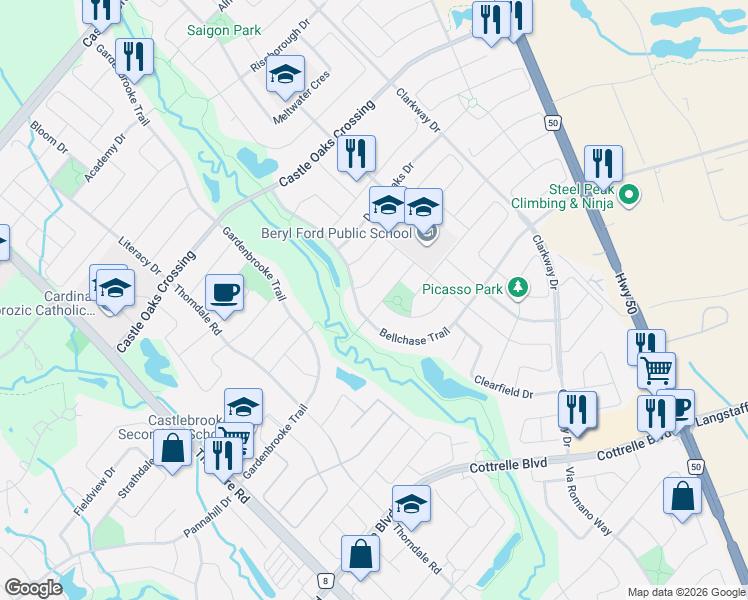 map of restaurants, bars, coffee shops, grocery stores, and more near 12 Franktown Drive in Brampton