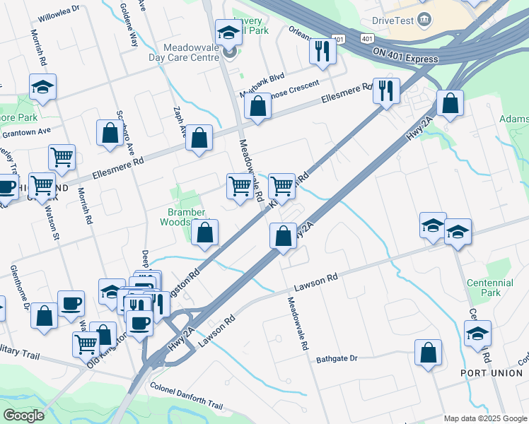 map of restaurants, bars, coffee shops, grocery stores, and more near Kingston Rd & Meadowvale Rd in Toronto