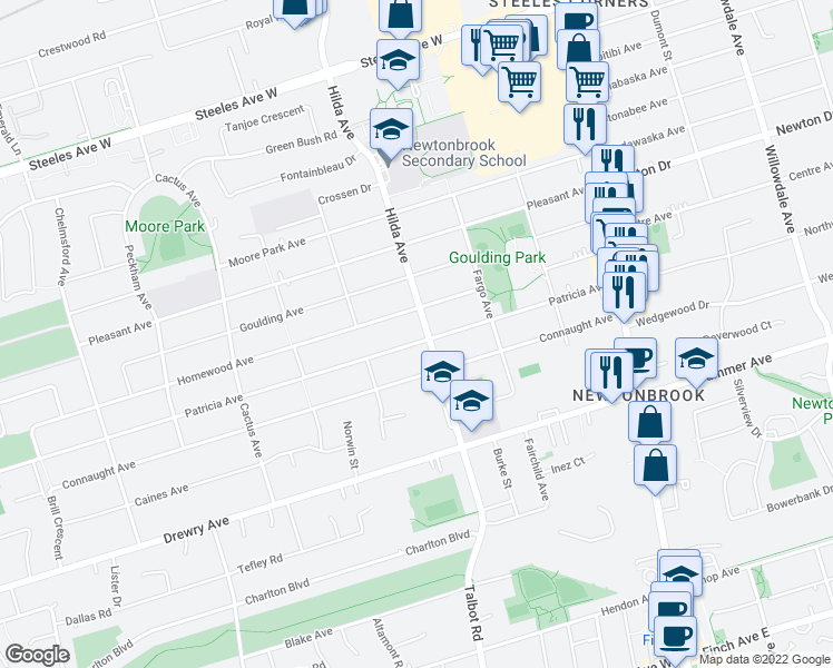 map of restaurants, bars, coffee shops, grocery stores, and more near 174 Patricia Avenue in Toronto
