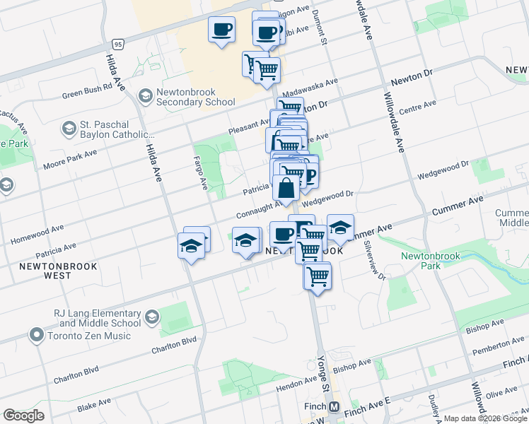 map of restaurants, bars, coffee shops, grocery stores, and more near 37 Connaught Avenue in Toronto