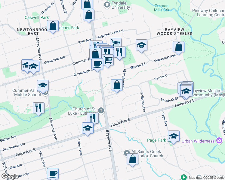 map of restaurants, bars, coffee shops, grocery stores, and more near 10 Ruddington Drive in Toronto