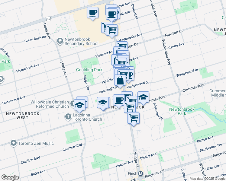 map of restaurants, bars, coffee shops, grocery stores, and more near 6010 Yonge Street in Toronto