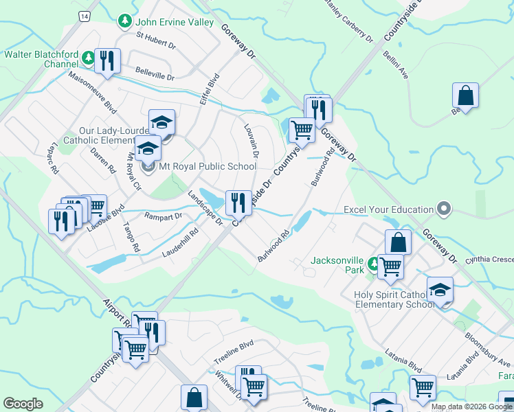 map of restaurants, bars, coffee shops, grocery stores, and more near 3333 Countryside Drive in Brampton