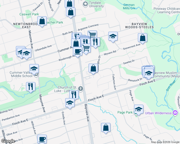 map of restaurants, bars, coffee shops, grocery stores, and more near 10 Ruddington Drive in Toronto