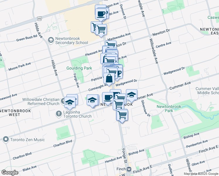 map of restaurants, bars, coffee shops, grocery stores, and more near 6010 Yonge Street in Toronto